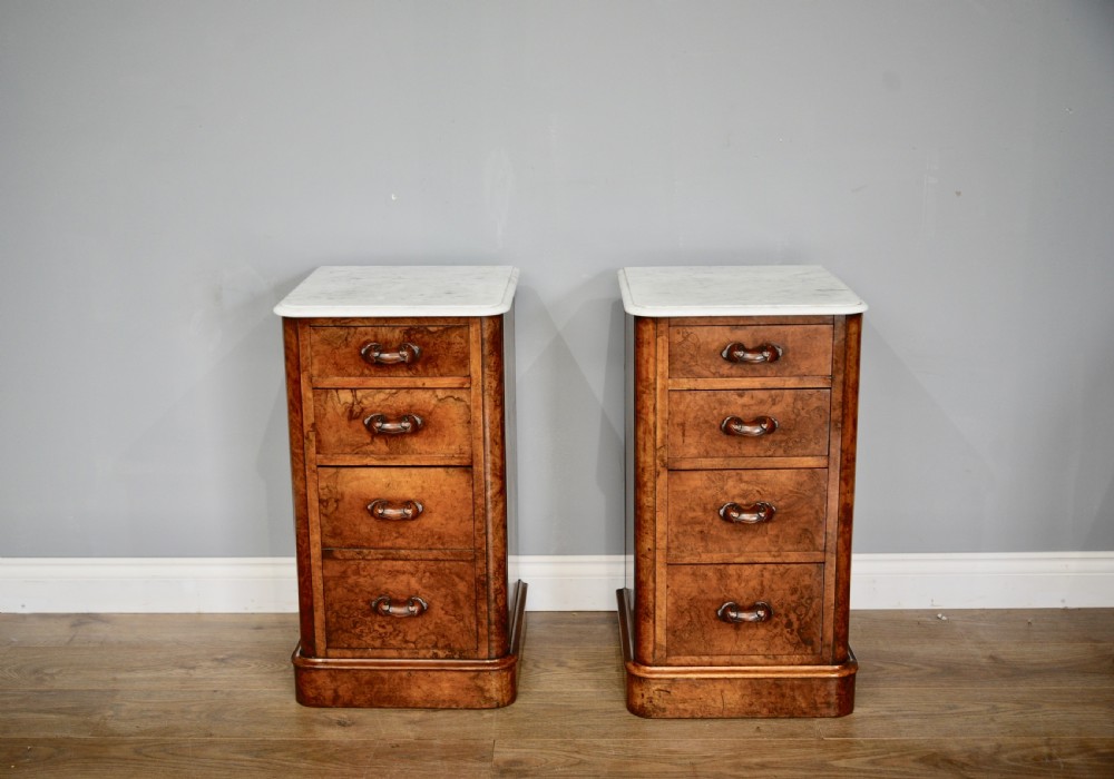 pair of Victorian marble top burr walnut bedside chests of drawers 