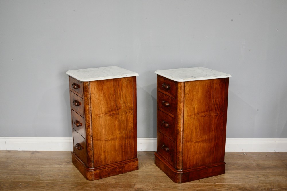pair of Victorian marble top burr walnut bedside chests of drawers  View II