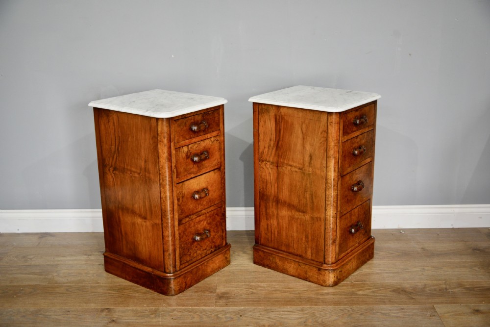 pair of Victorian marble top burr walnut bedside chests of drawers  View III