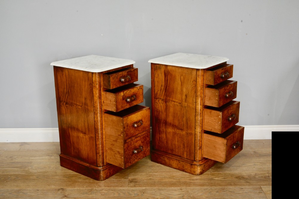 pair of Victorian marble top burr walnut bedside chests of drawers  View IV