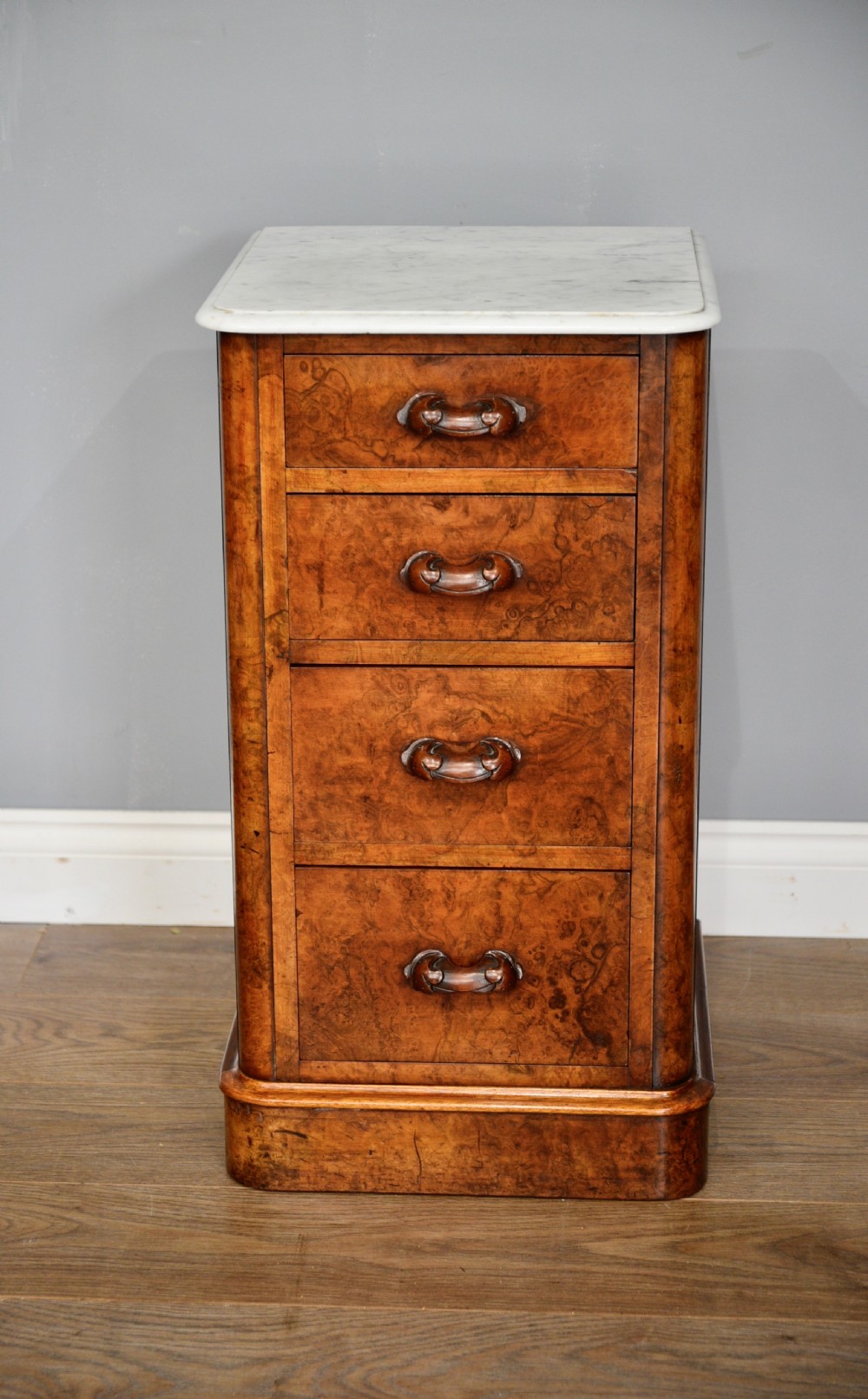pair of Victorian marble top burr walnut bedside chests of drawers  View V