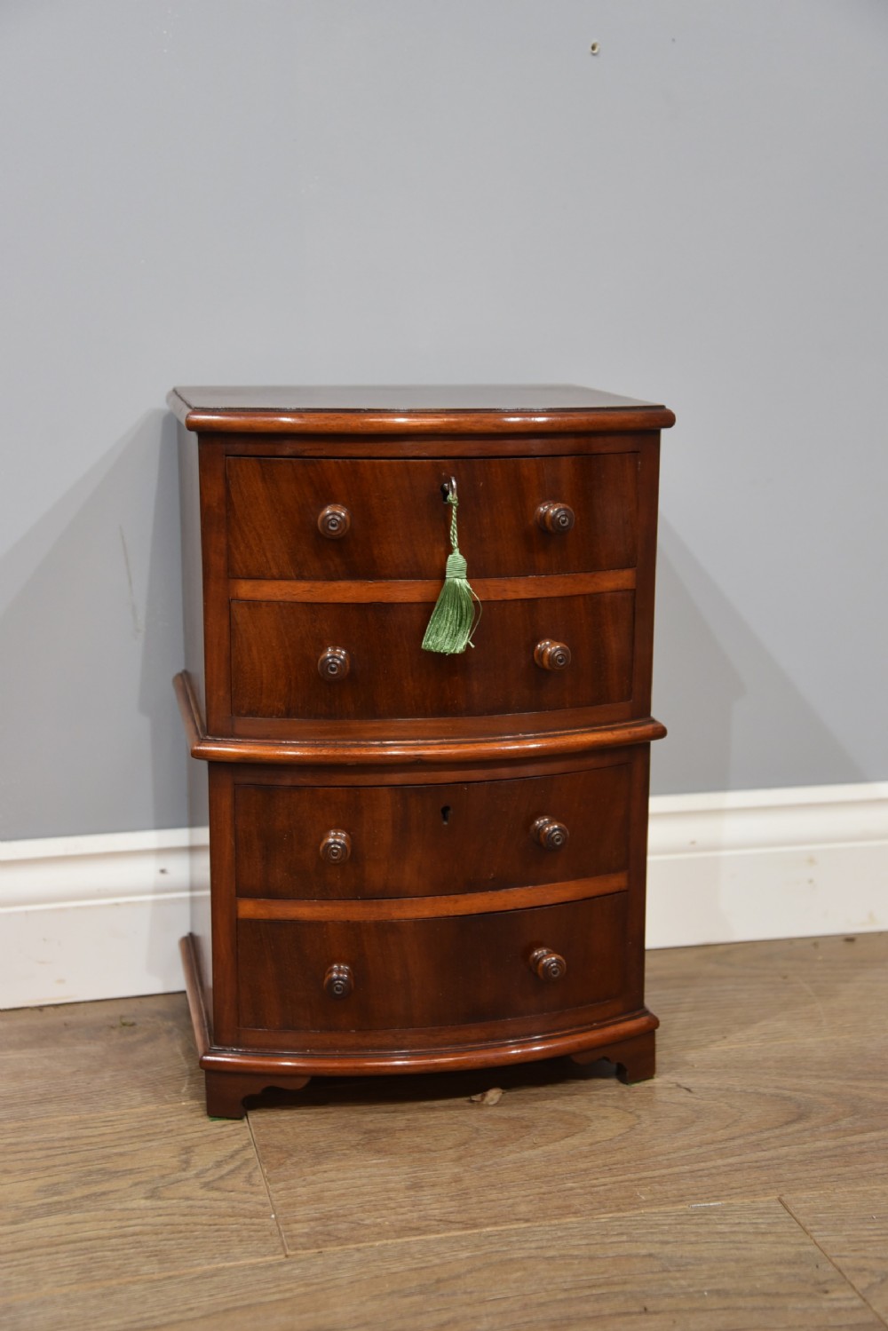 Small Victorian bow front mahogany  apprentice chest sampler 