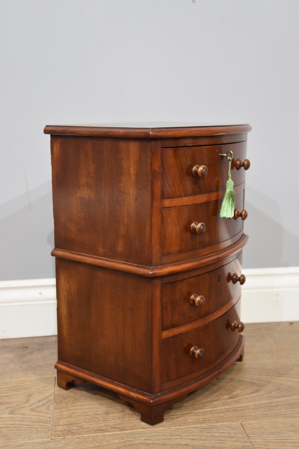 Small Victorian bow front mahogany  apprentice chest sampler  View II