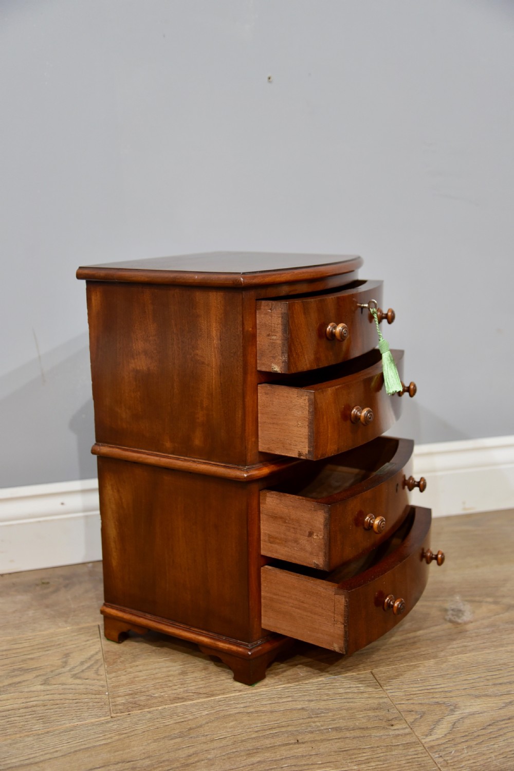 Small Victorian bow front mahogany  apprentice chest sampler  View III