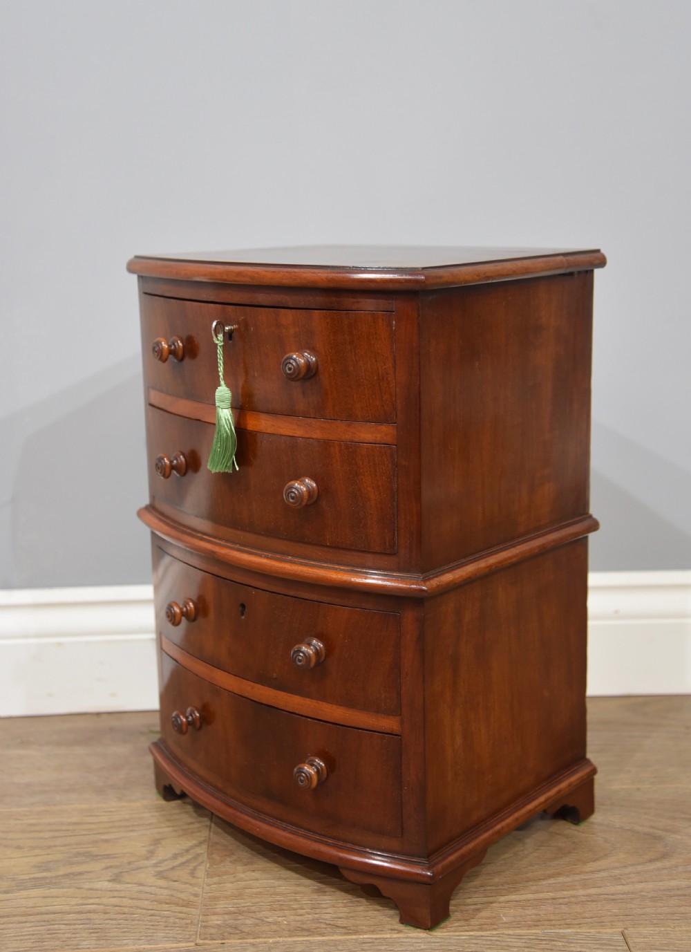 Small Victorian bow front mahogany  apprentice chest sampler  View IV