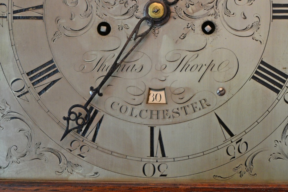 18th century oak grandfather clock Thomas Thorp Colchester  View IV