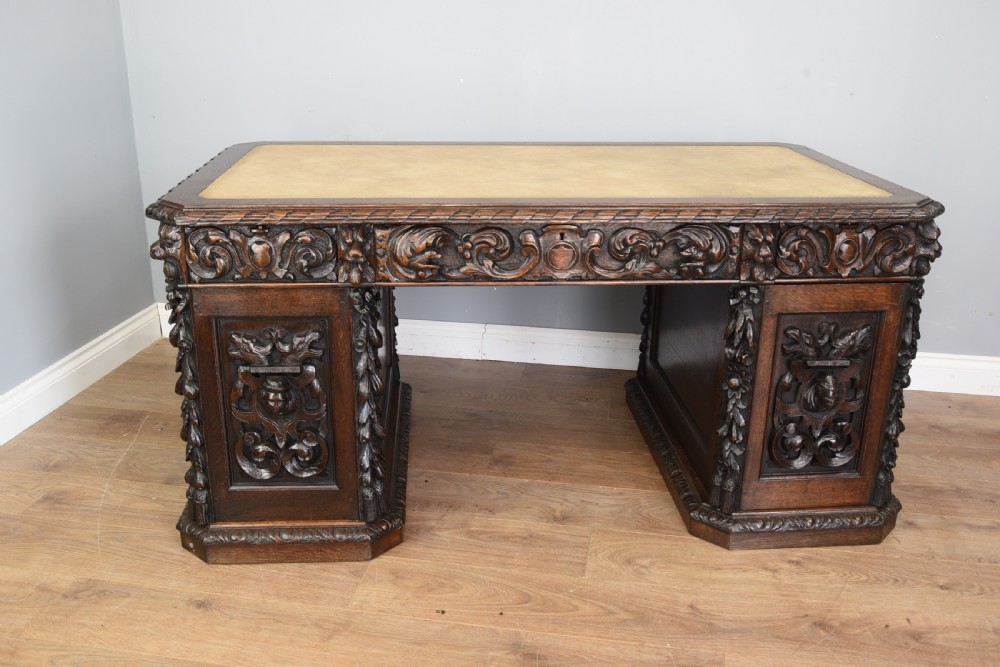 Antique 19th century carved oak desk  View II