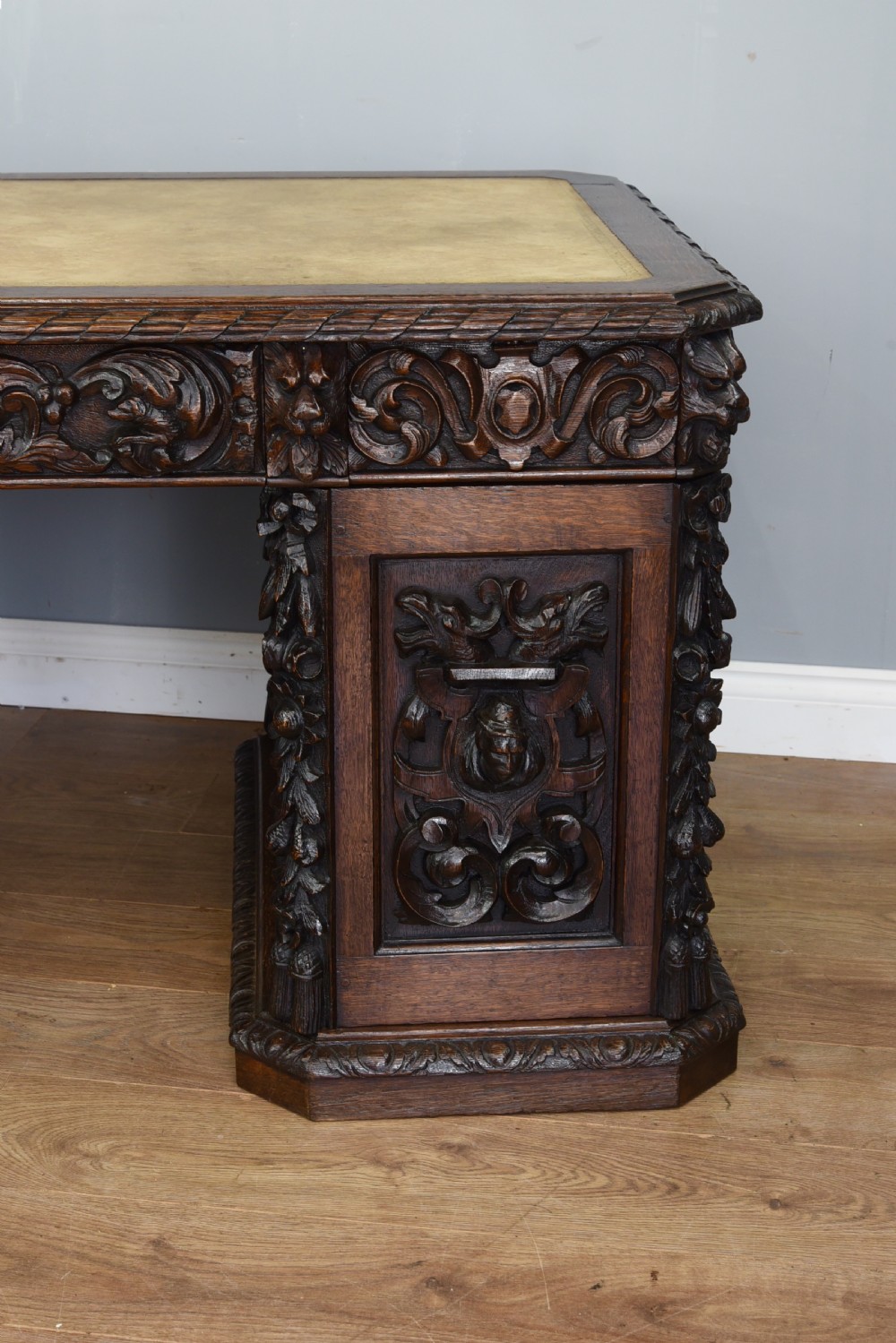 Antique 19th century carved oak desk  View III