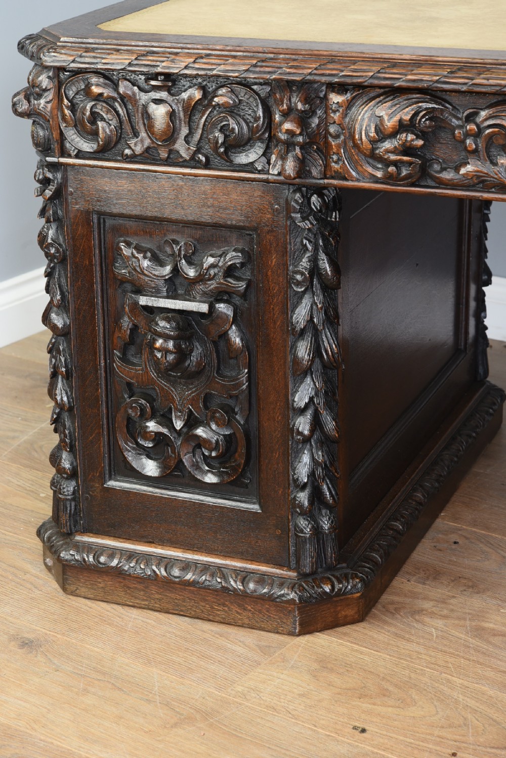 Antique 19th century carved oak desk  View V