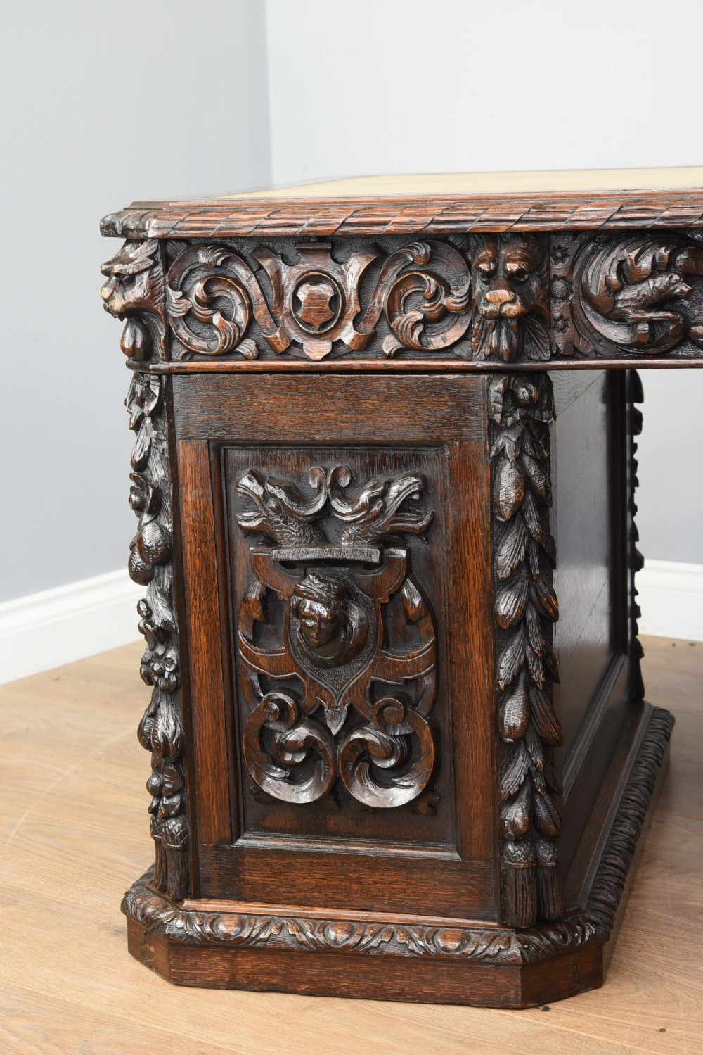 Antique 19th century carved oak desk  View XV