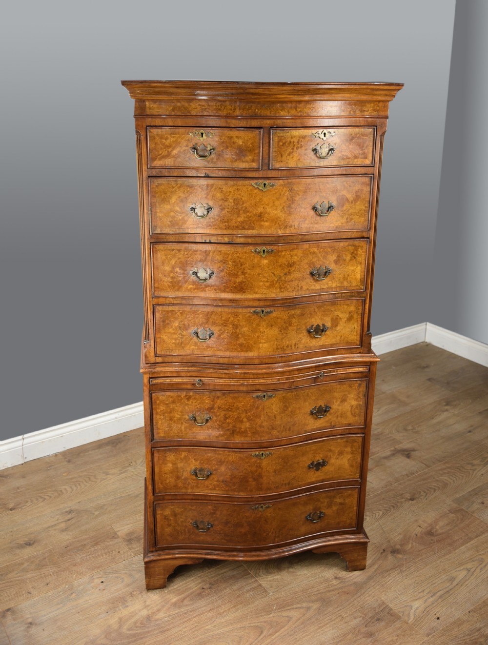 walnut serpentine tall boy chest of drawers 