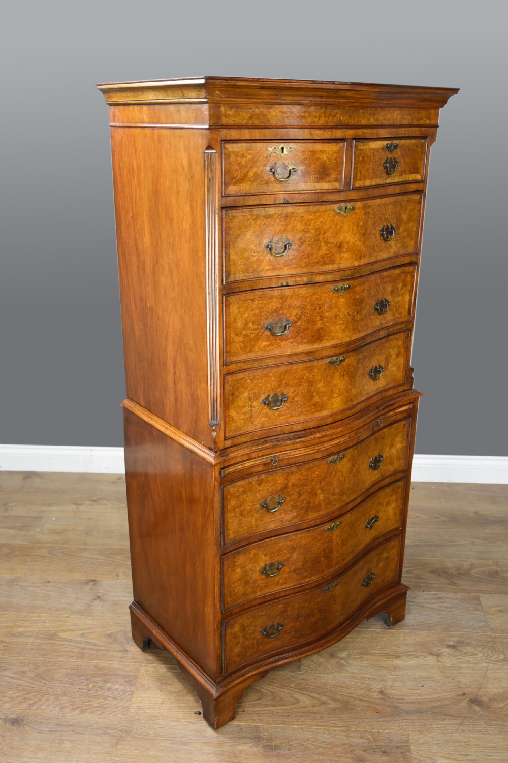 walnut serpentine tall boy chest of drawers  View II