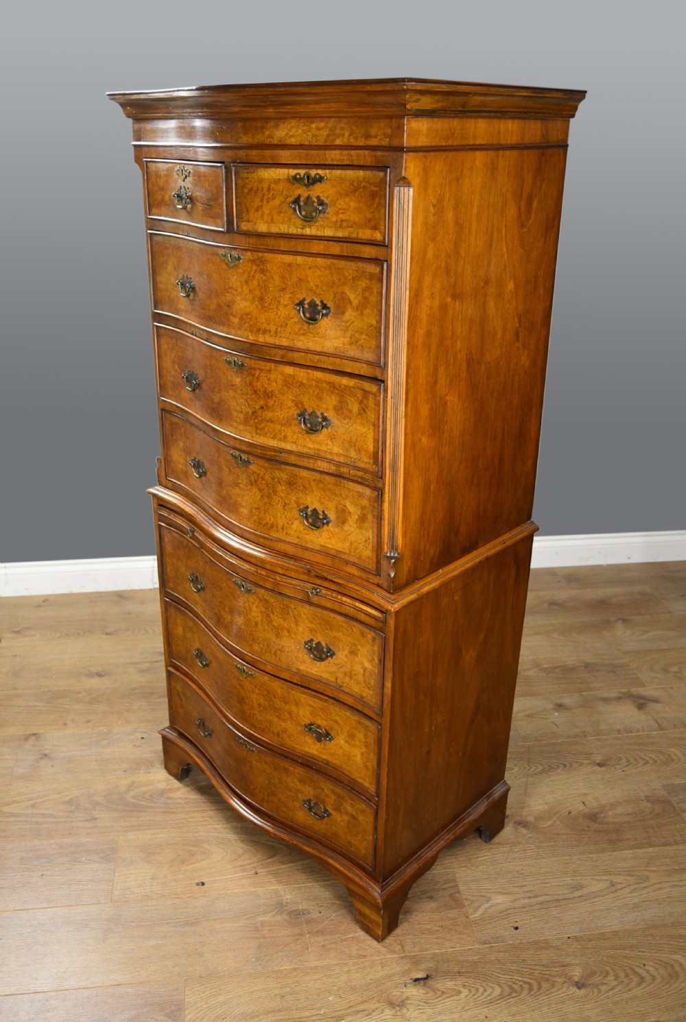 walnut serpentine tall boy chest of drawers  View III