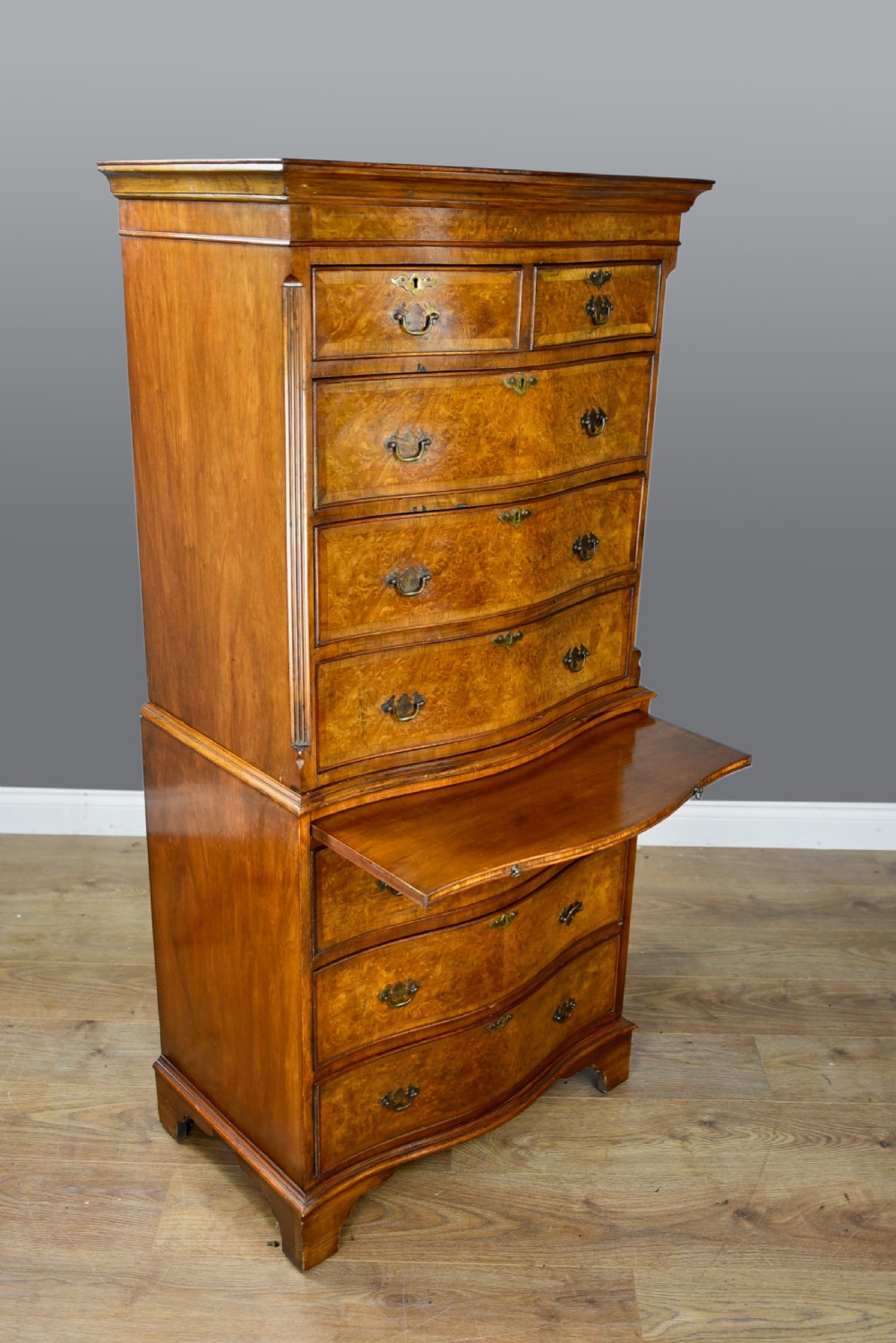 walnut serpentine tall boy chest of drawers  View IV