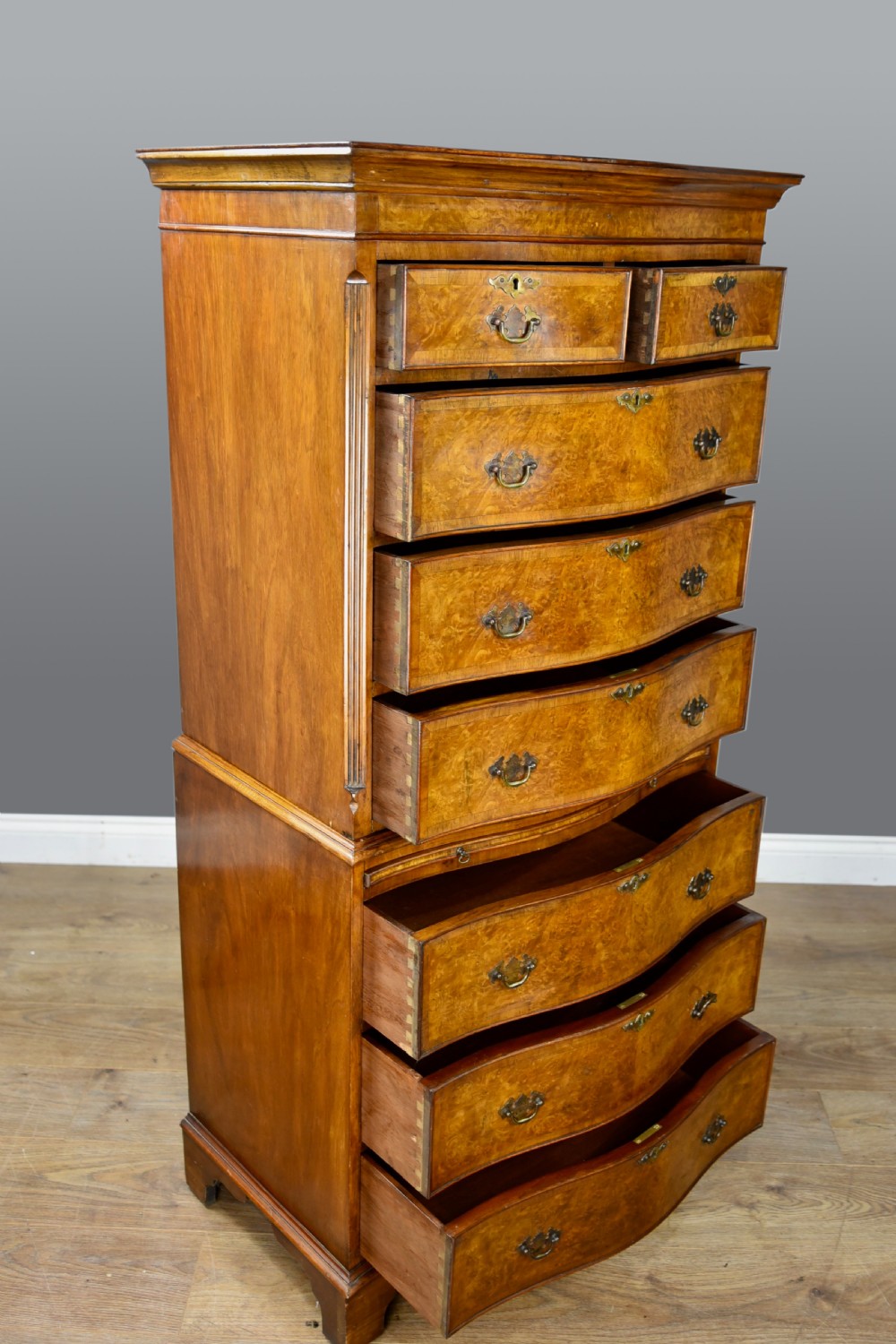 walnut serpentine tall boy chest of drawers  View V