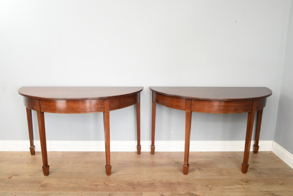 Antique pair of georgian mahogany demi lune console tables  View II