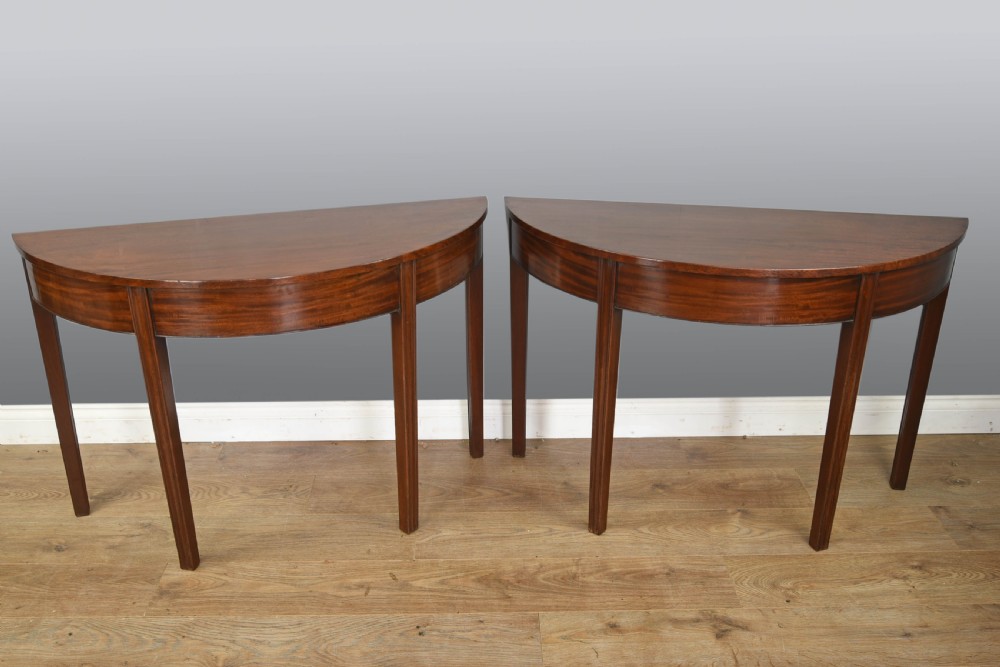 Antique Georgian mahogany demi lune console tables  View II