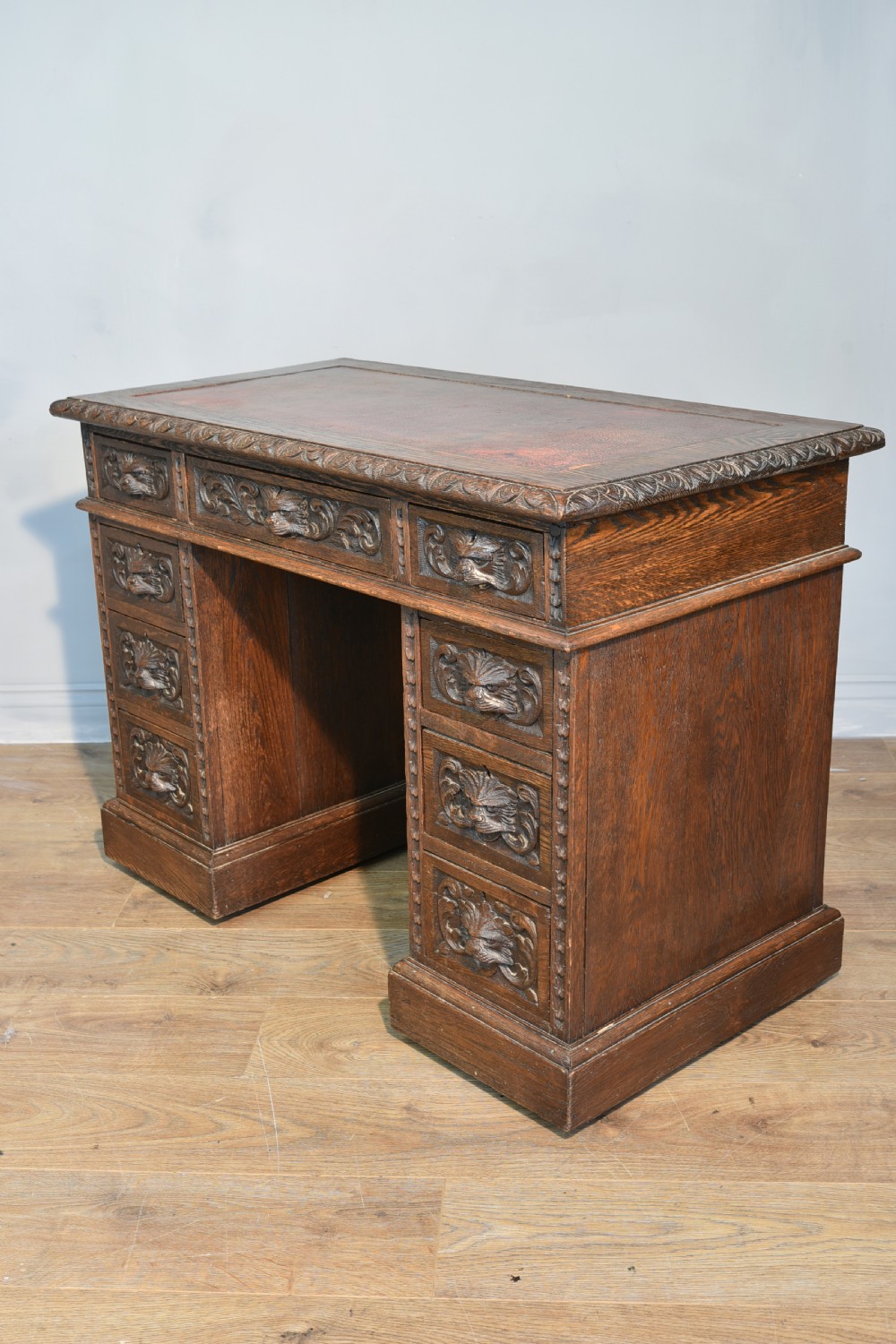 Carved oak greenman pedestal desk  View II