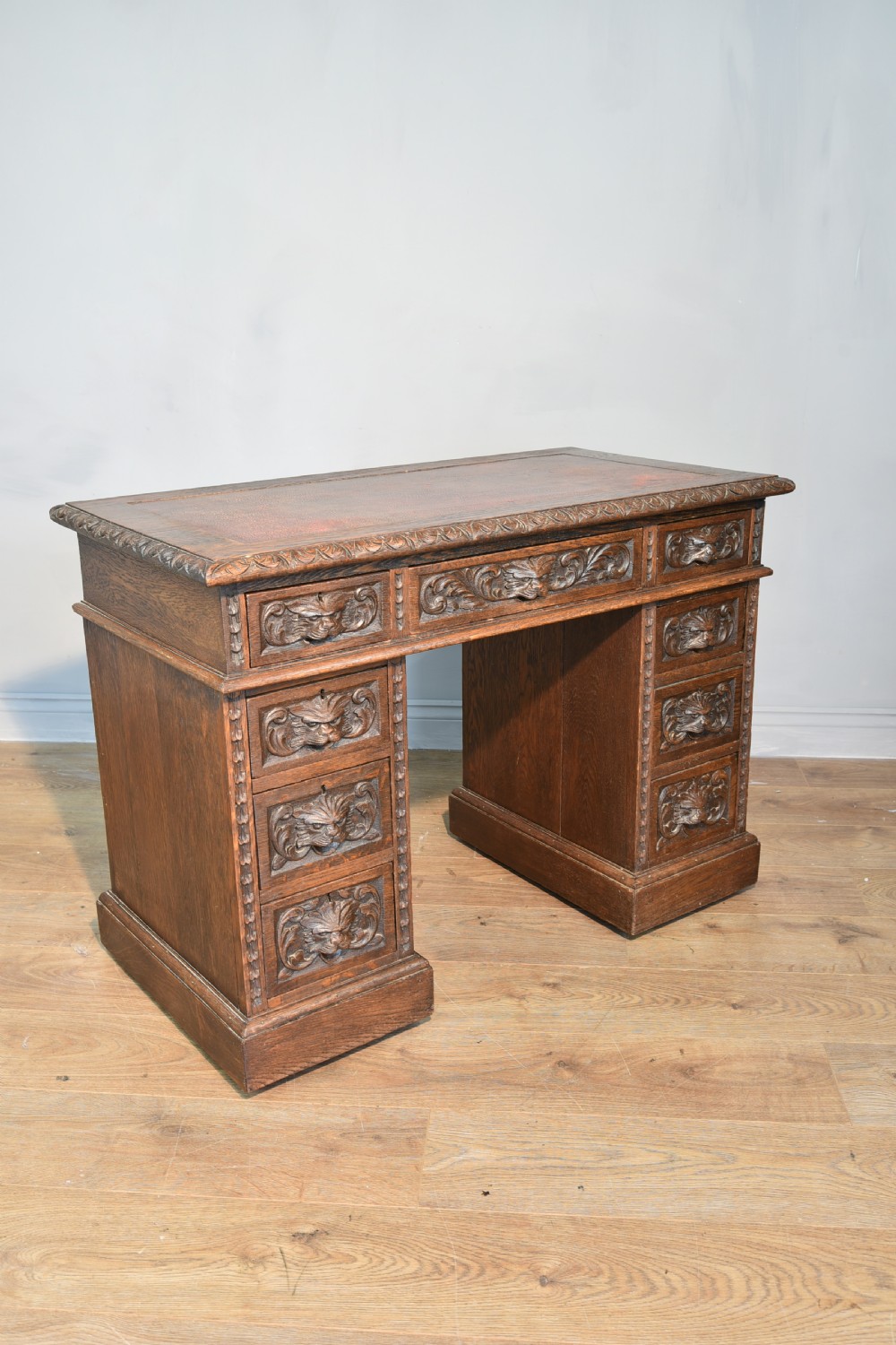 Carved oak greenman pedestal desk  View III