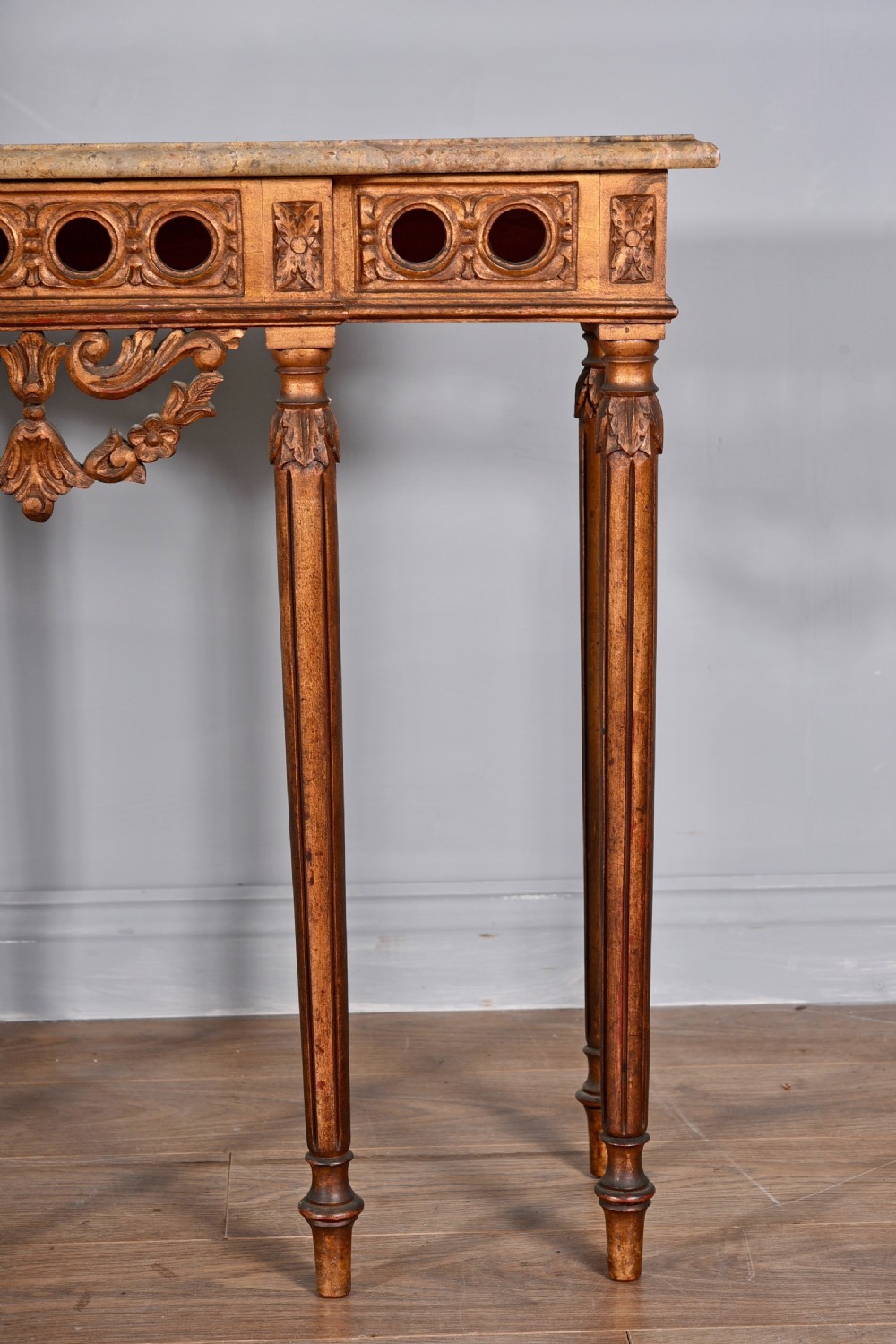 Louis xvi style continental gilt wood marble topped console pier table  View III