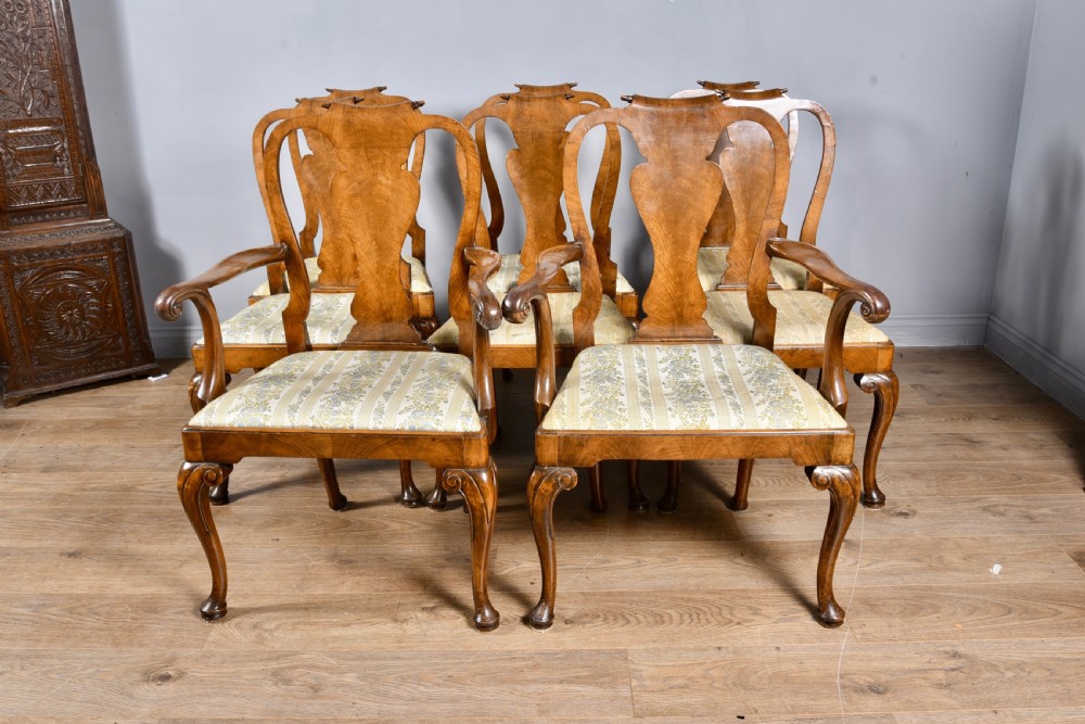 Antique Set of eight walnut queen Anne dining chairs 