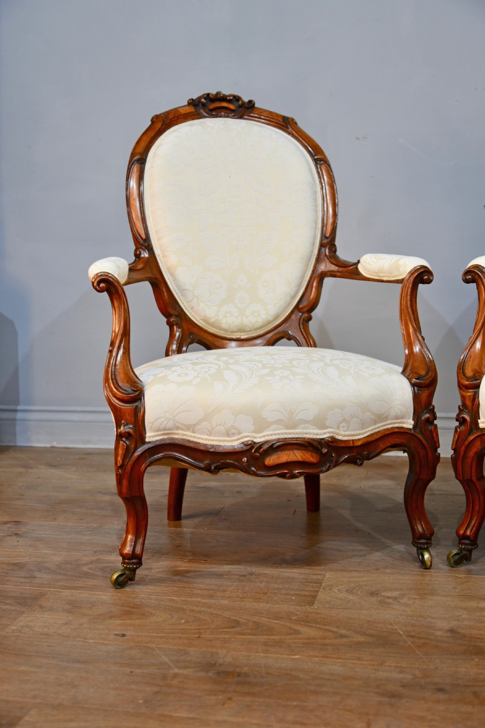 Fine pair of Victorian walnut open arm chairs  View II