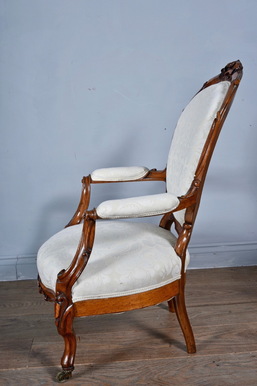 Fine pair of Victorian walnut open arm chairs  View III