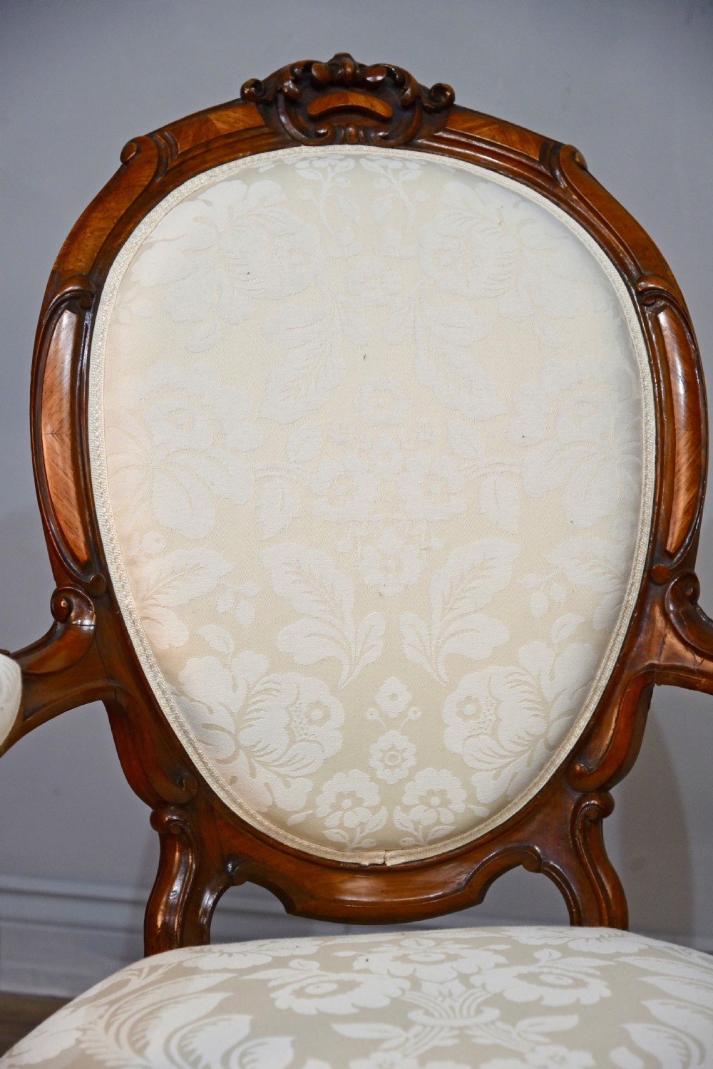 Fine pair of Victorian walnut open arm chairs  View V