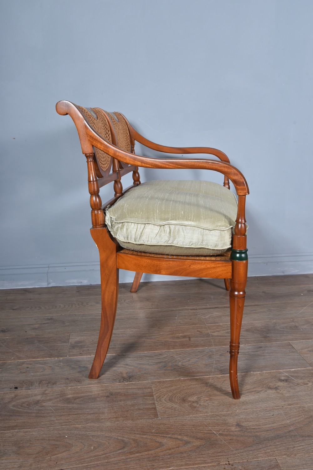Sheraton Revival style painted bergere two seat settee  View III