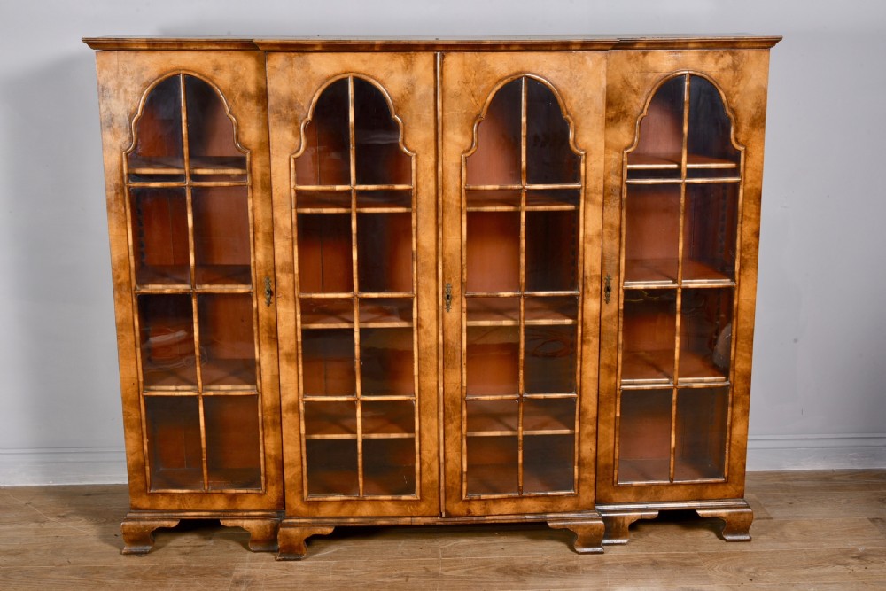 Queen Anne style walnut breakfront  bookcase 