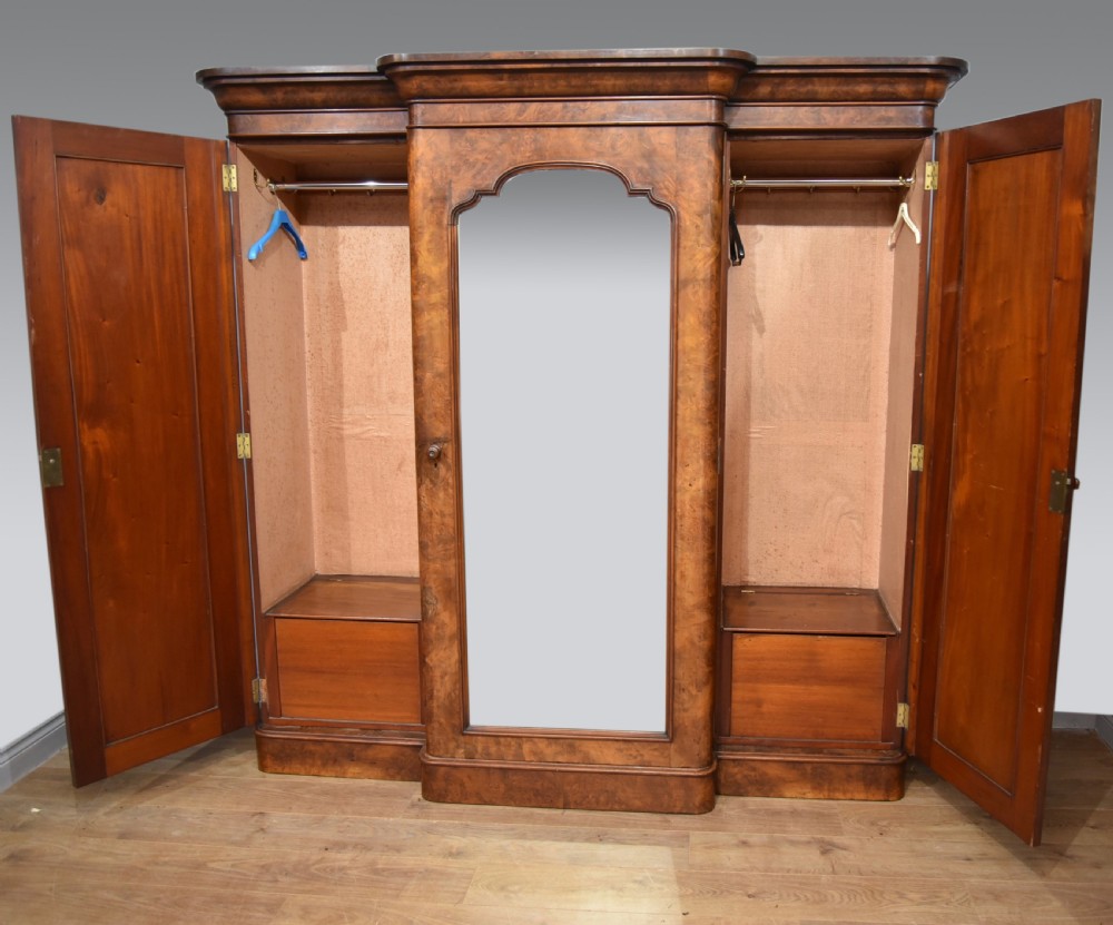 Victorian burr walnut triple breakfront wardrobe  View II