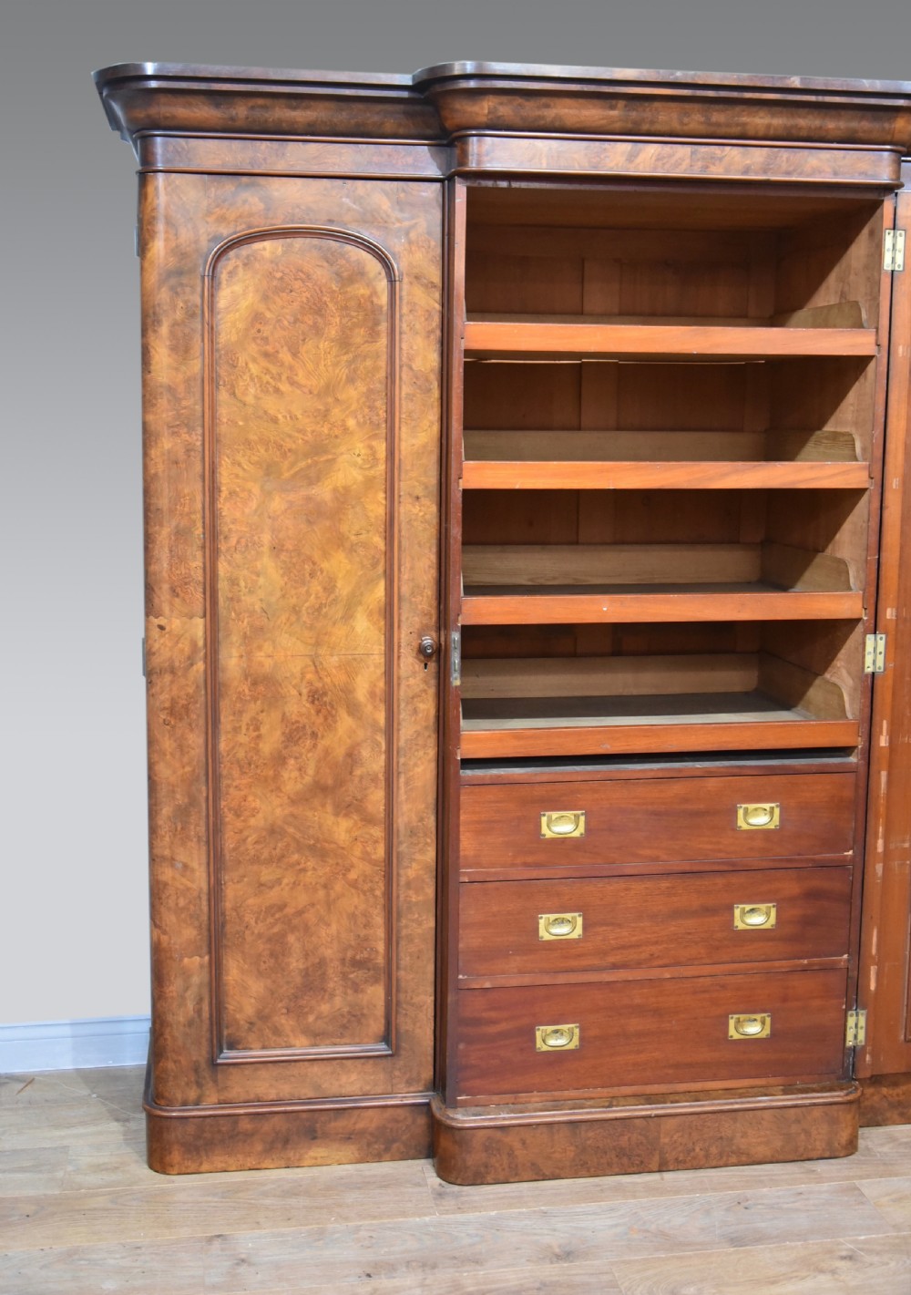 Victorian burr walnut triple breakfront wardrobe  View III