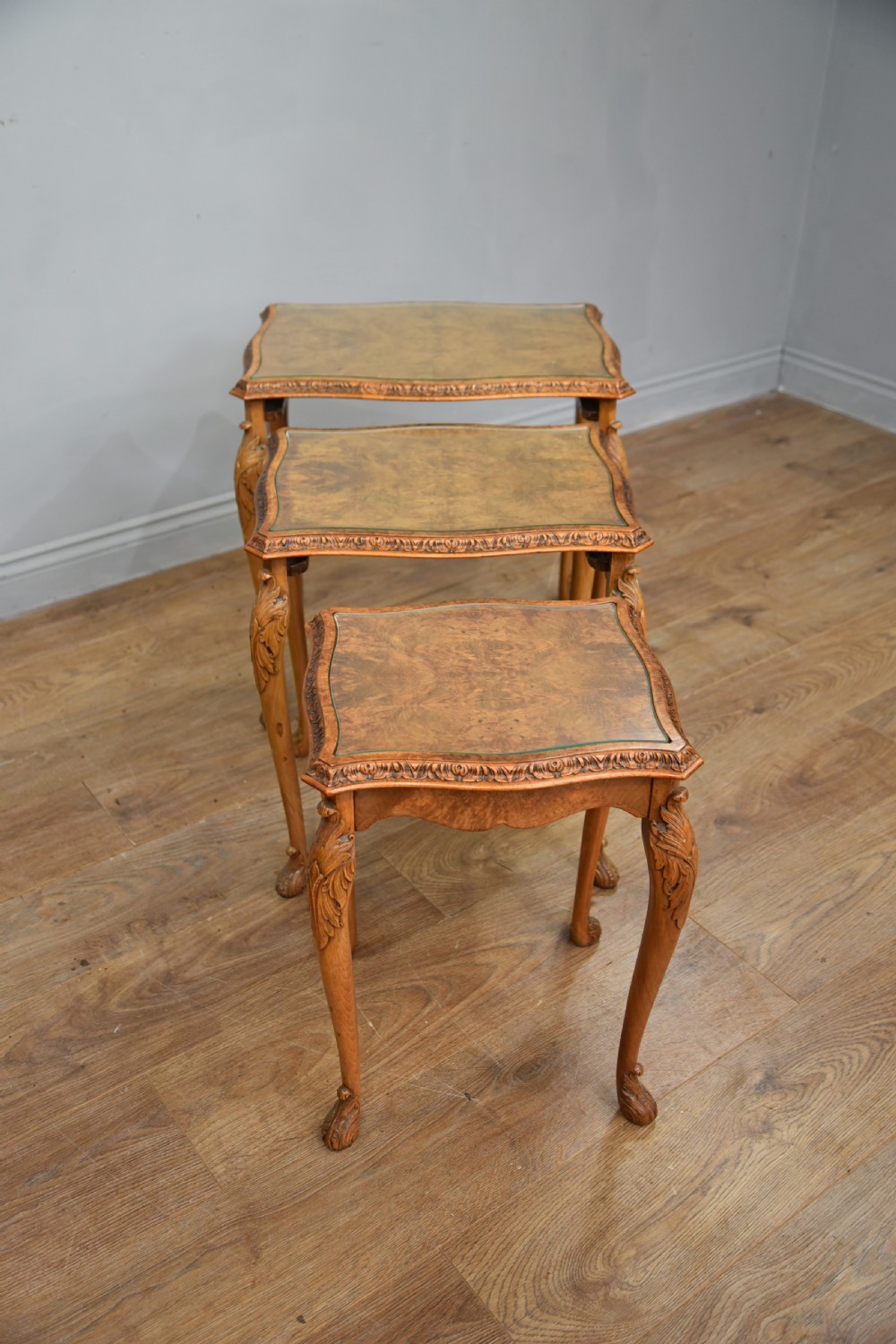 Queen Anne style walnut nest of three tables  View III