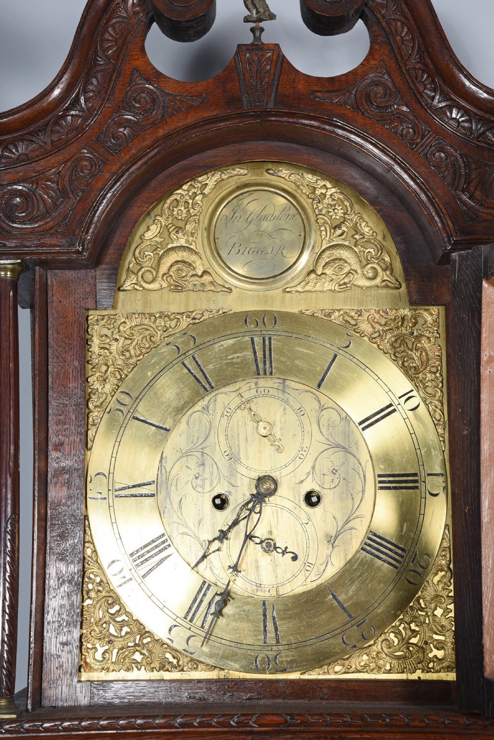 carved oak Grandfather clock John Gladstone Biggar  View III