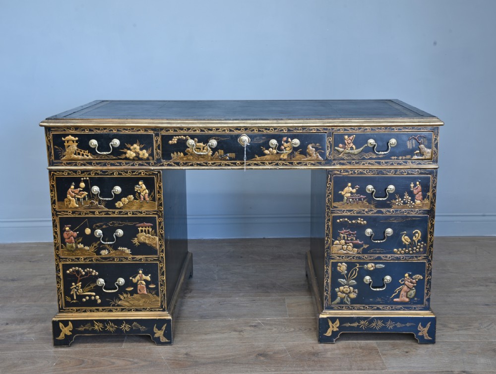 Antique chinoiserie lacquered pedestal desk 