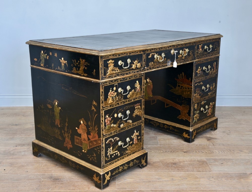 Antique chinoiserie lacquered pedestal desk  View II