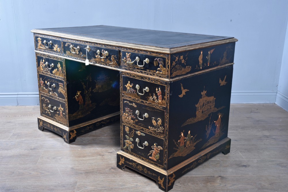 Antique chinoiserie lacquered pedestal desk  View III
