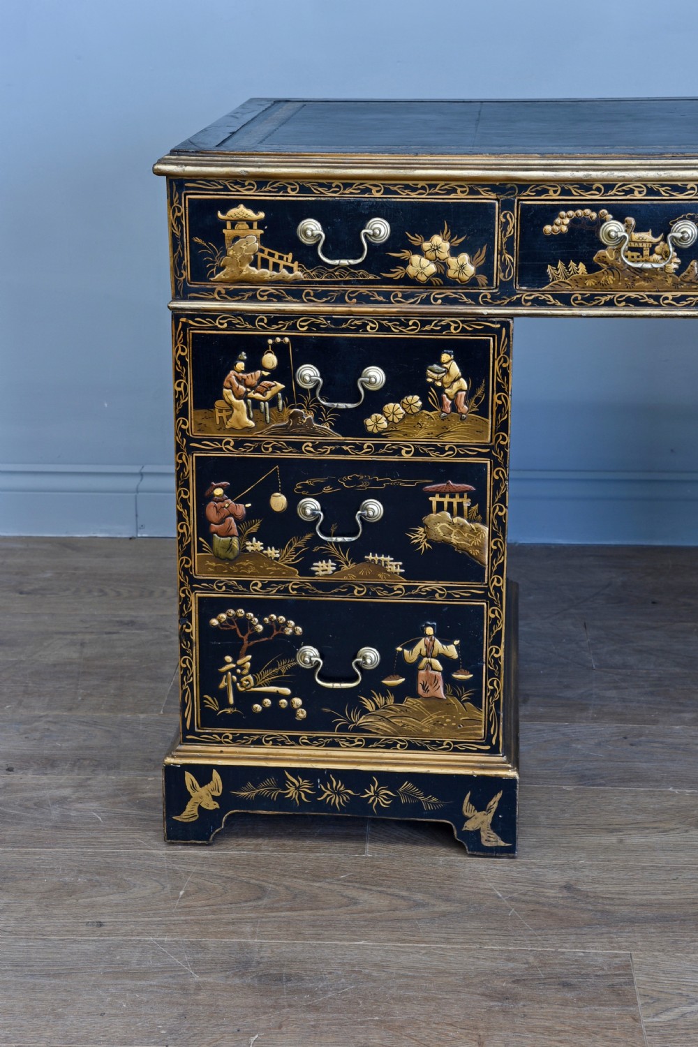 Antique chinoiserie lacquered pedestal desk  View IV