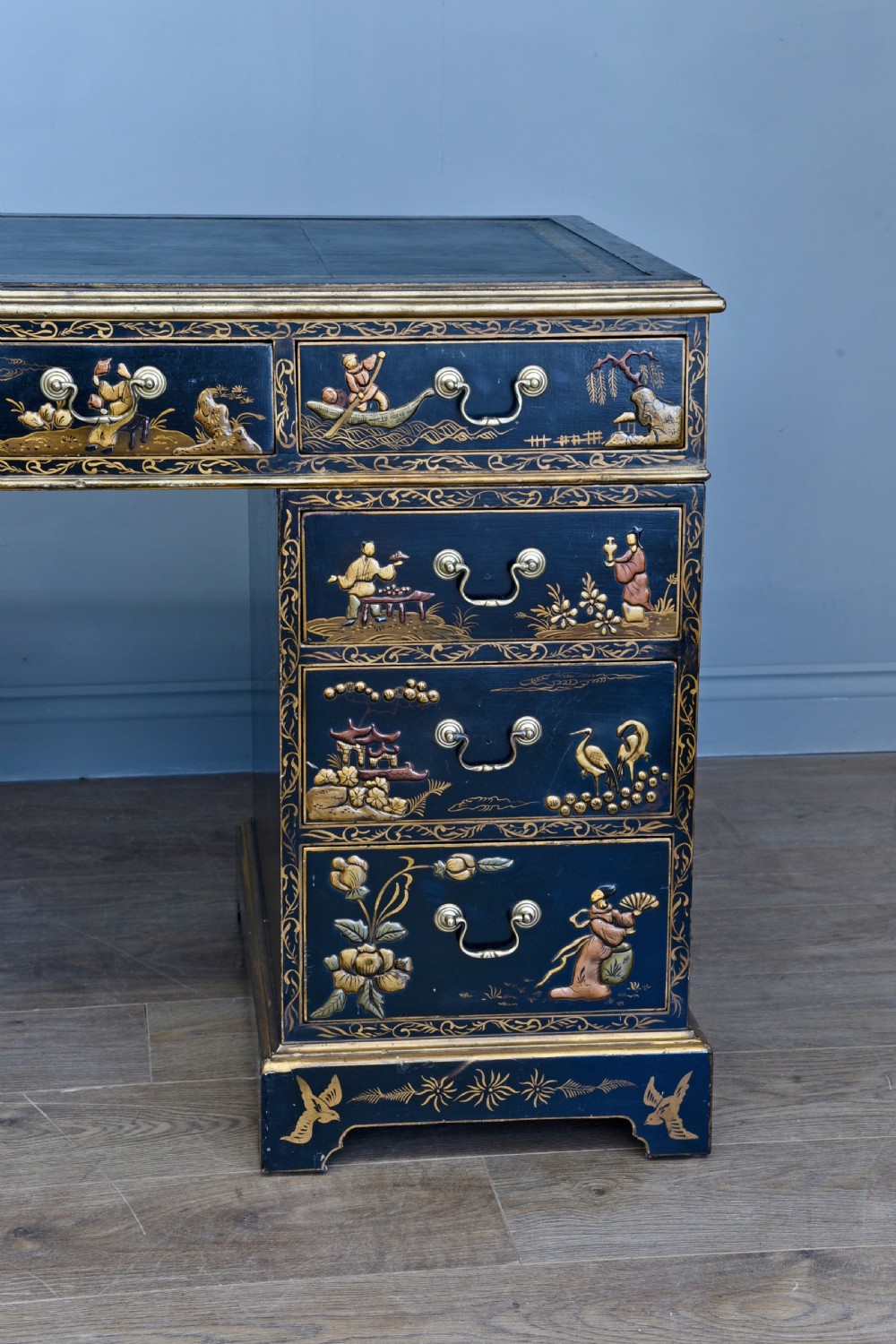 Antique chinoiserie lacquered pedestal desk  View V