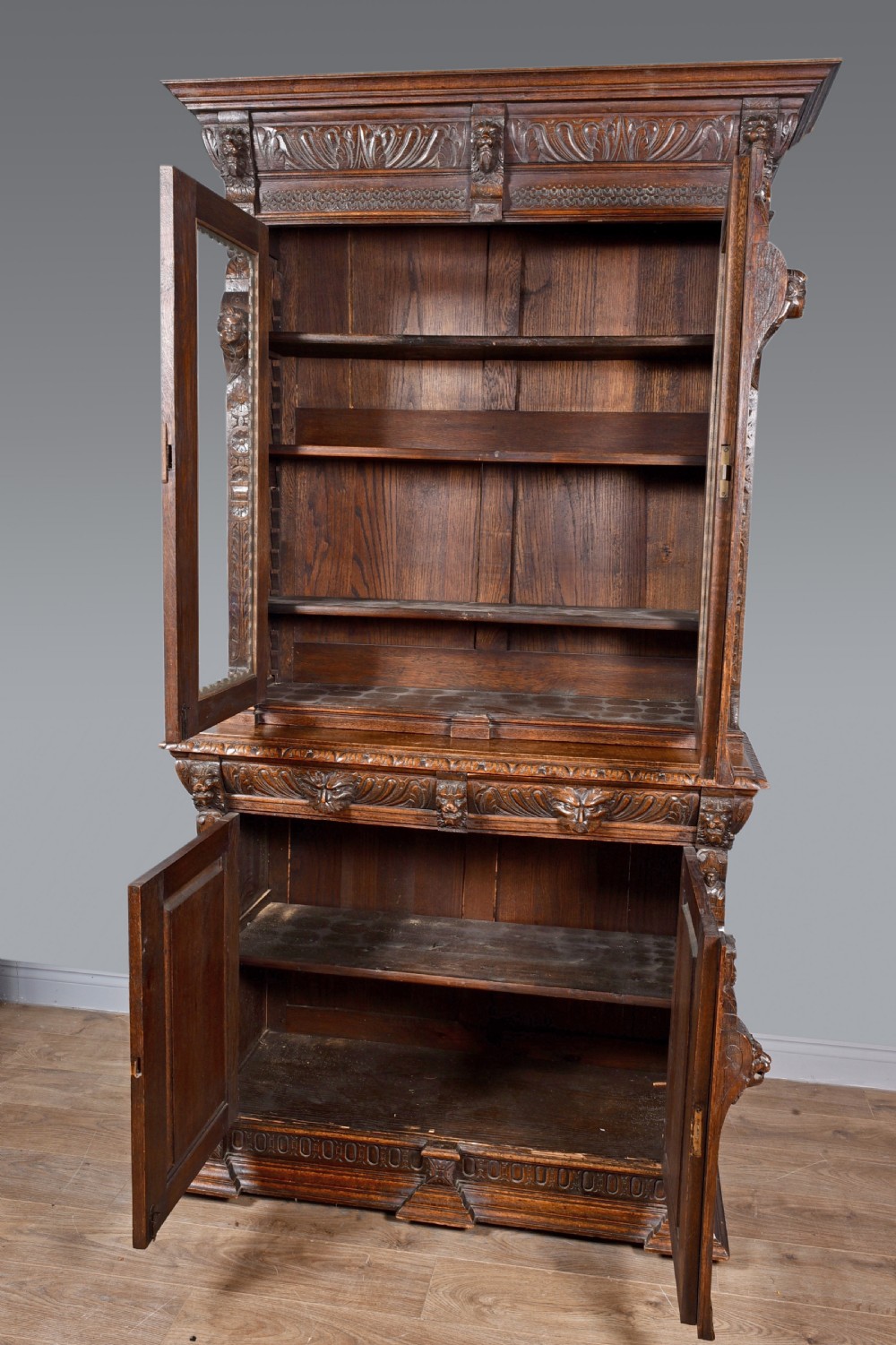 Antique Carved oak Green man two door bookcase  View II