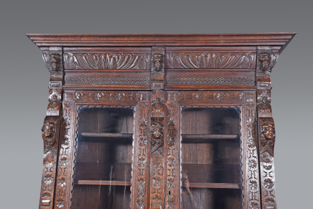 Antique Carved oak Green man two door bookcase  View III