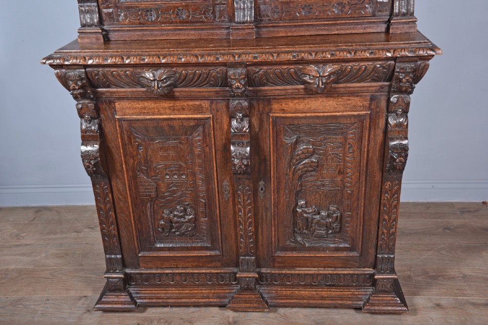 Antique Carved oak Green man two door bookcase  View IV