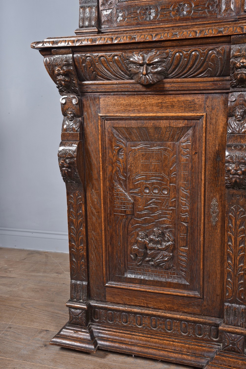 Antique Carved oak Green man two door bookcase  View V