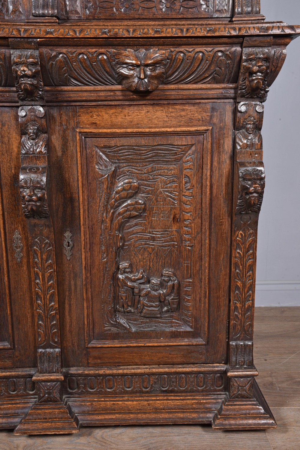 Antique Carved oak Green man two door bookcase  View VI
