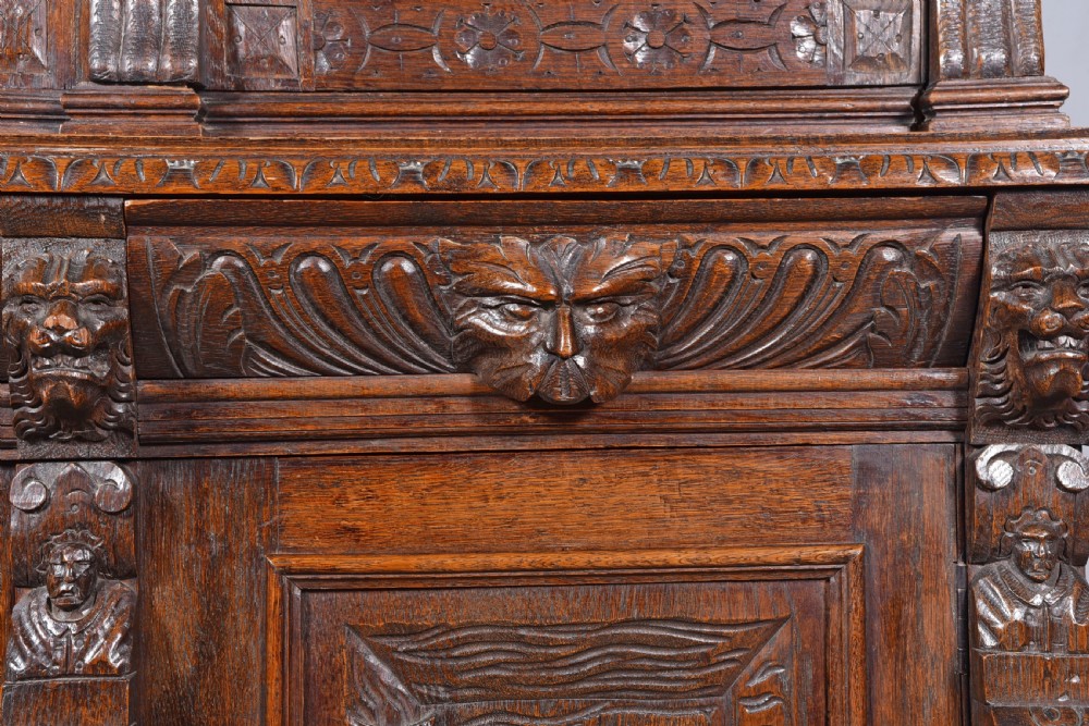 Antique Carved oak Green man two door bookcase  View VII