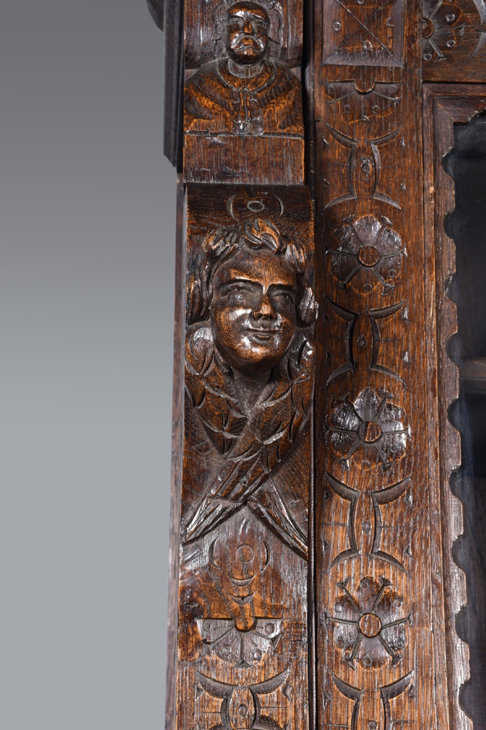 Antique Carved oak Green man two door bookcase  View VIII