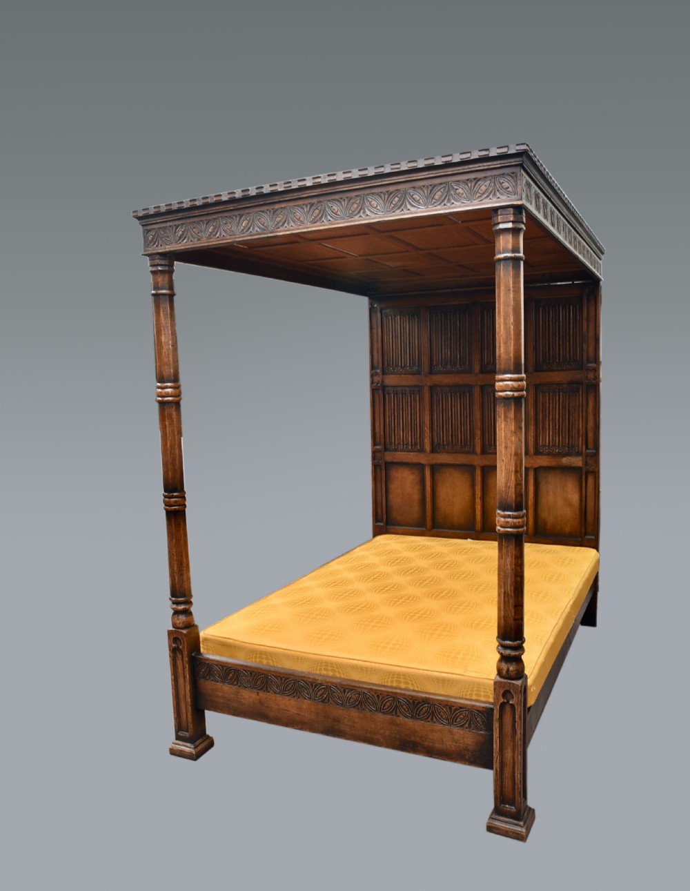 Carved oak four poster full tester double bed 