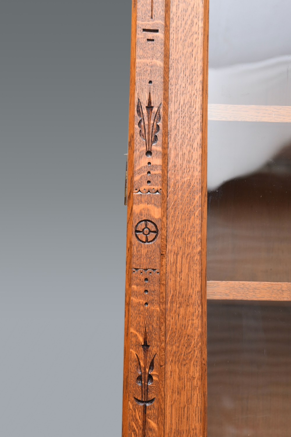 Large Arts and Crafts carved oak library bookcase  View IV