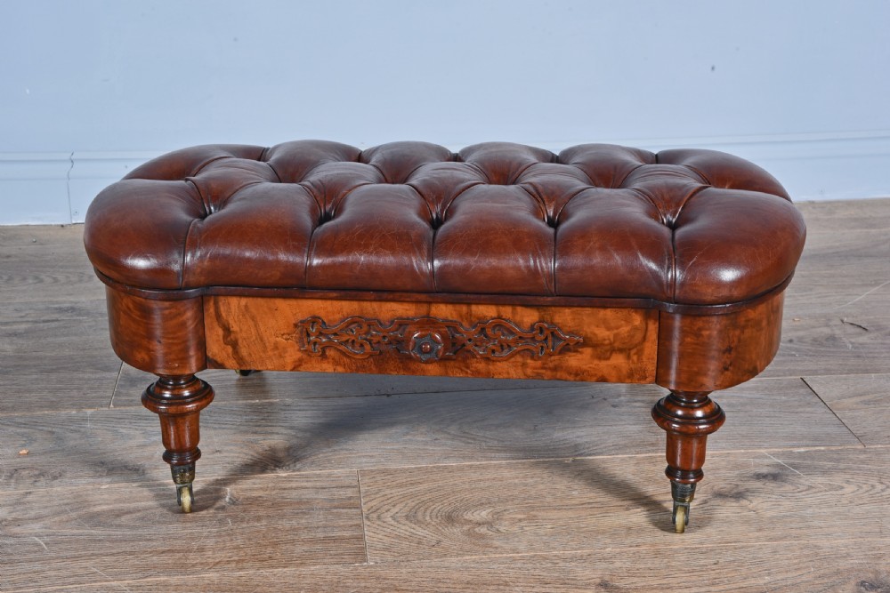 Victorian walnut & buttoned brown leather stool 