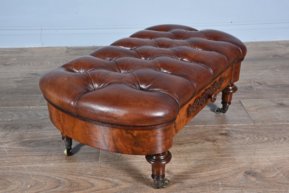 Victorian walnut & buttoned brown leather stool  View II
